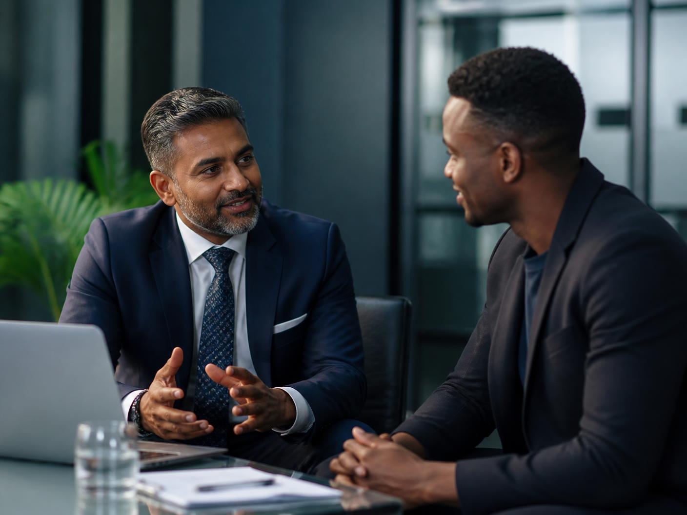 An experienced Indian South African mentor in conversation with a younger Black founder